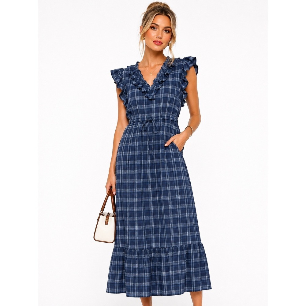 Market & Spruce Laysee Maxi Dress Blue Plaid Ruffle V-Neck Size L NWT